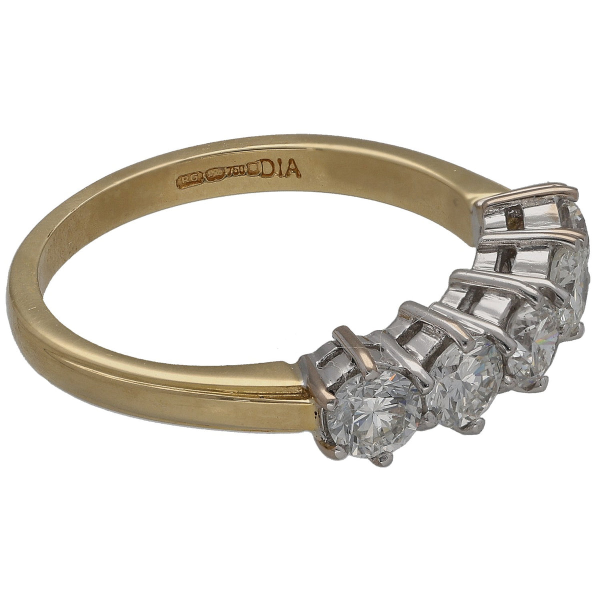 Gold ring with round diamond cluster and raised channel-set diamonds on shank