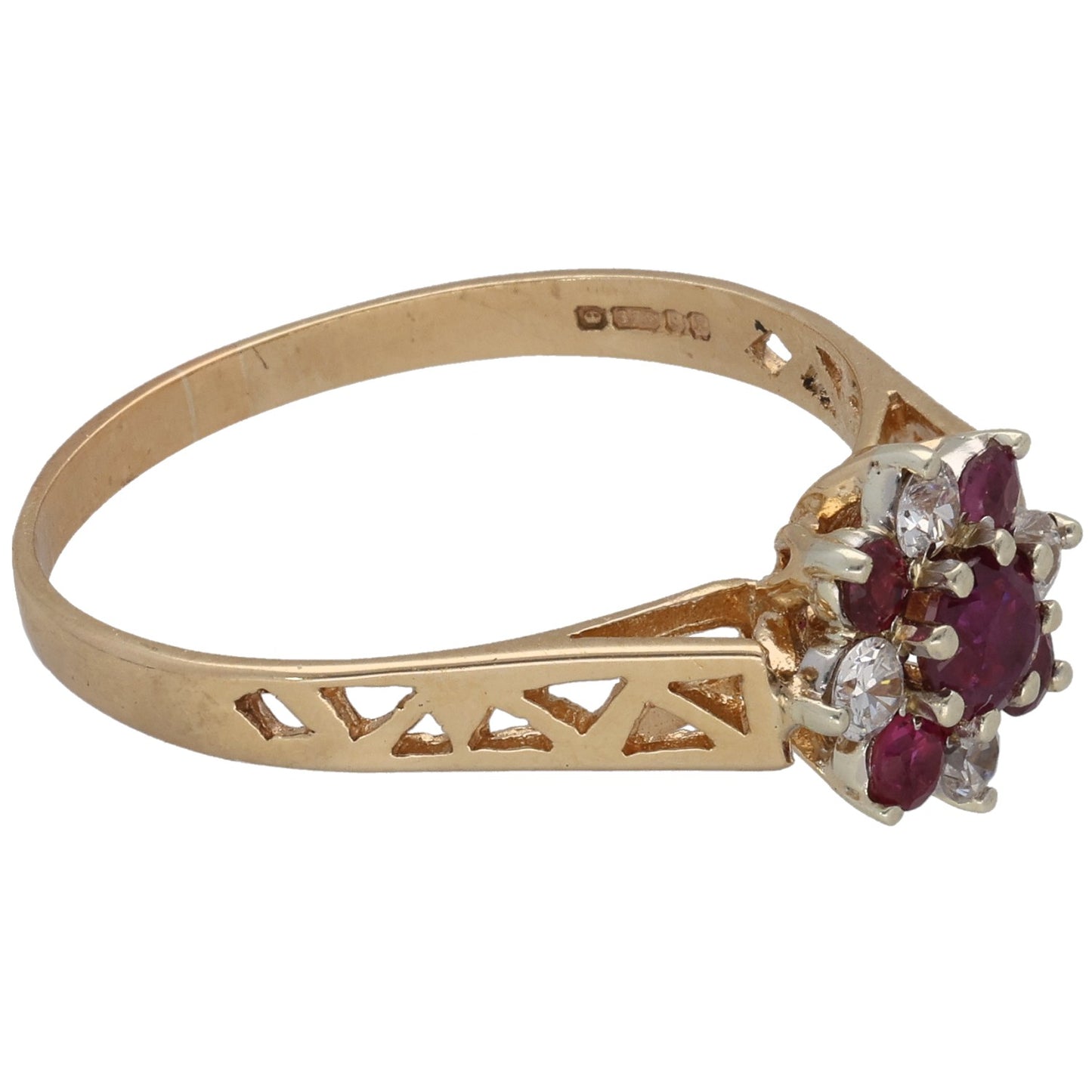 9ct gold ring with maroon ruby and clear CZ cluster on openwork band