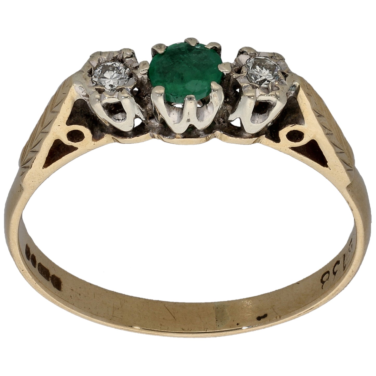 9ct Gold 0.04ct Diamond & Emerald Three Stone Ring Size N