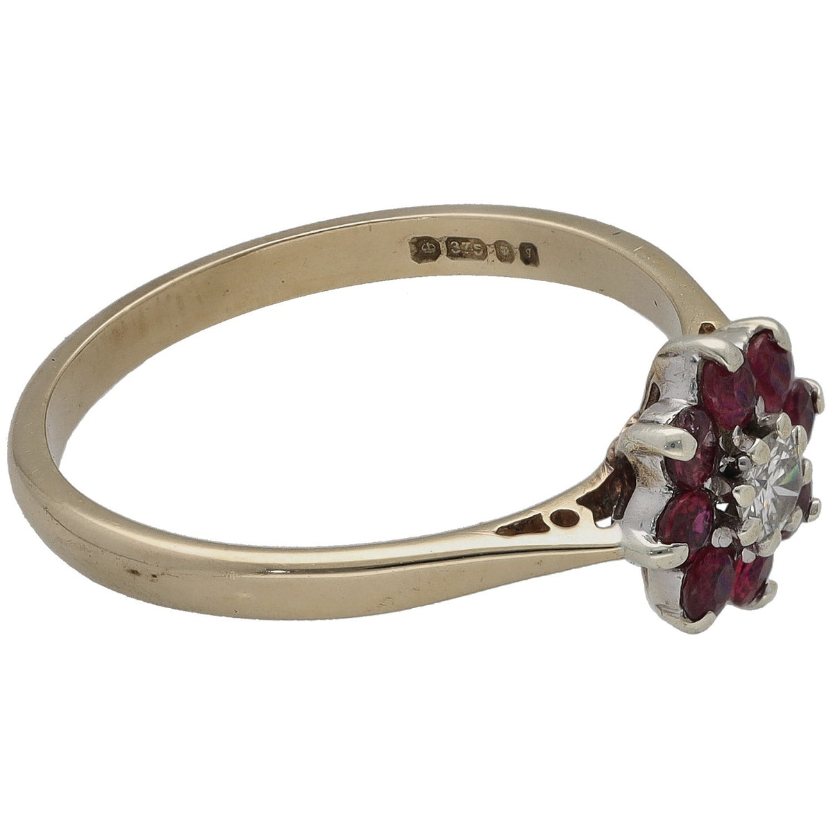 Gold dress ring side view, ruby and diamond cluster with maker’s marks inside band