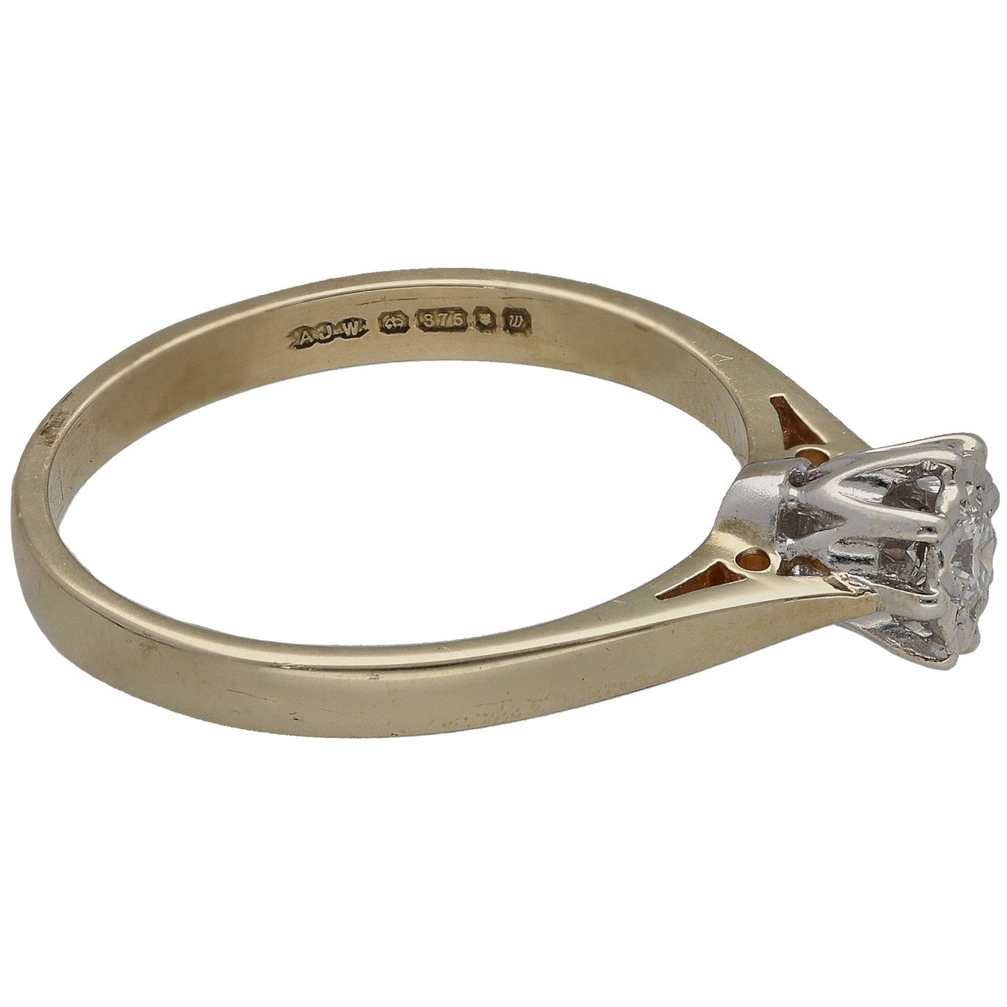 9ct gold solitaire ring side view, hallmarked band and prong-set round diamond