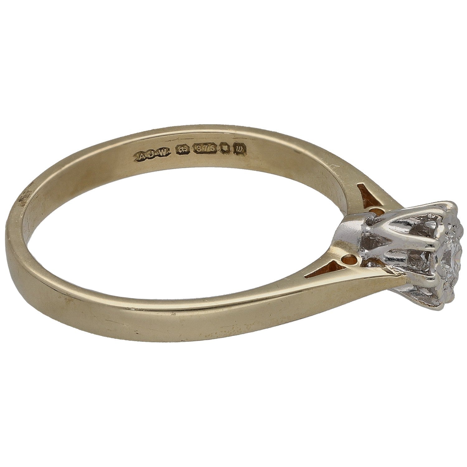 9ct gold solitaire ring side view, hallmarked band and prong-set round diamond