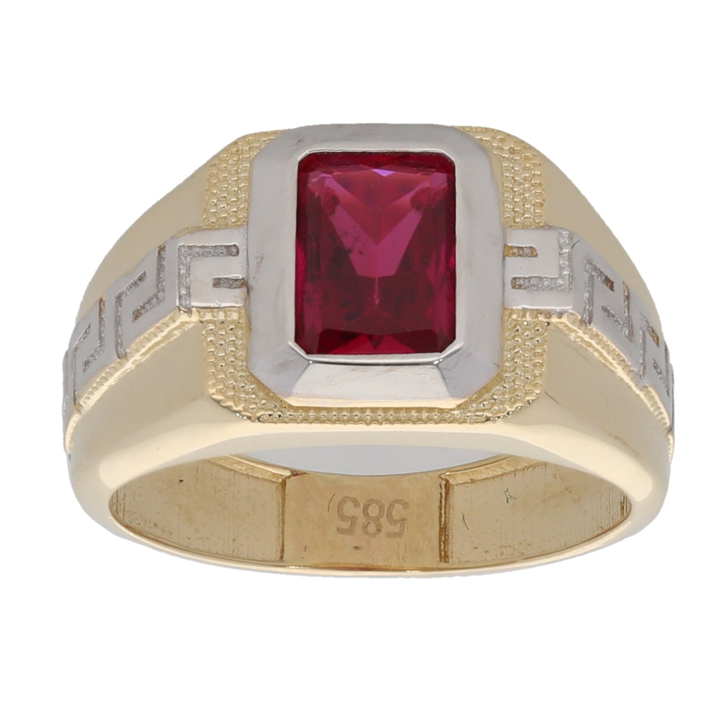 14ct Bi-Colour Gold Red Stone Greek Key Kids Signet Ring