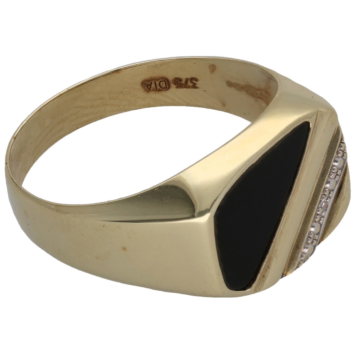 9ct gold signet ring showing black onyx panel and diamond pattern on side, size S