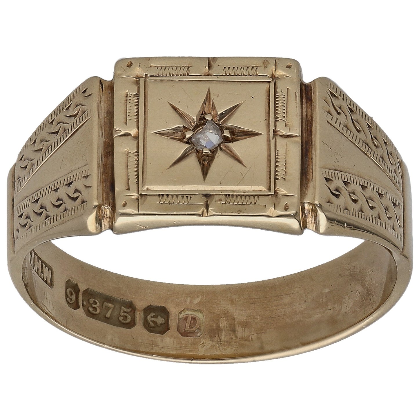 9ct Gold 0.02ct Diamond Patterned Signet Ring Size Q