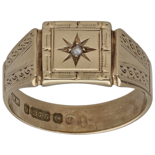 9ct Gold 0.02ct Diamond Patterned Signet Ring Size Q