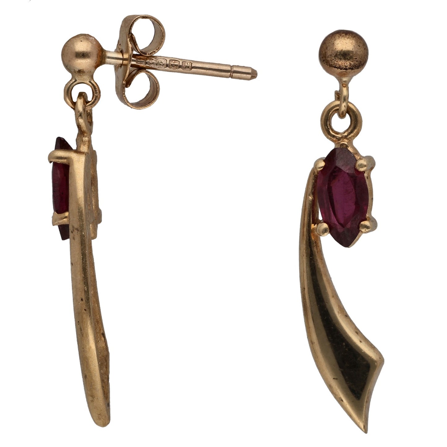 9ct gold drop earrings with oval garnet and curved gold charm