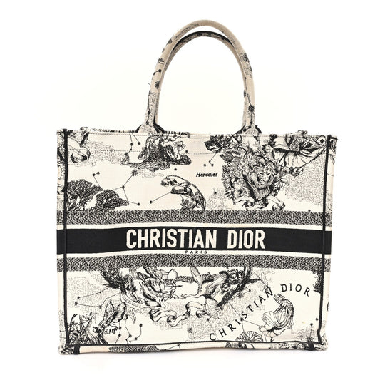 Christian Dior Embroidered Zodiac Canvas Book Tote Bag - Latte & Black