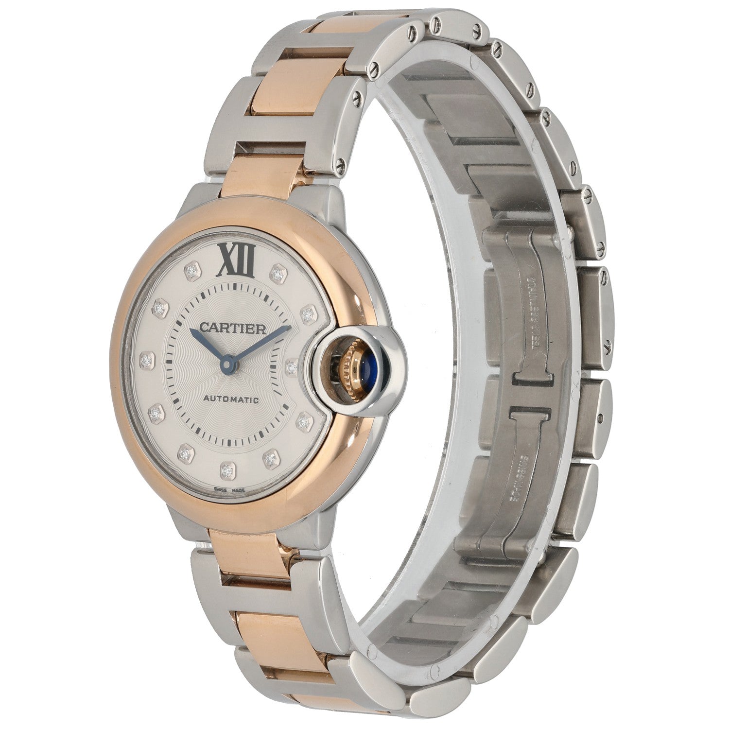 Cartier Ballon Bleu W3BB0006 bi-colour automatic watch with diamond hour markers, champagne gold bezel and silver link bracelet