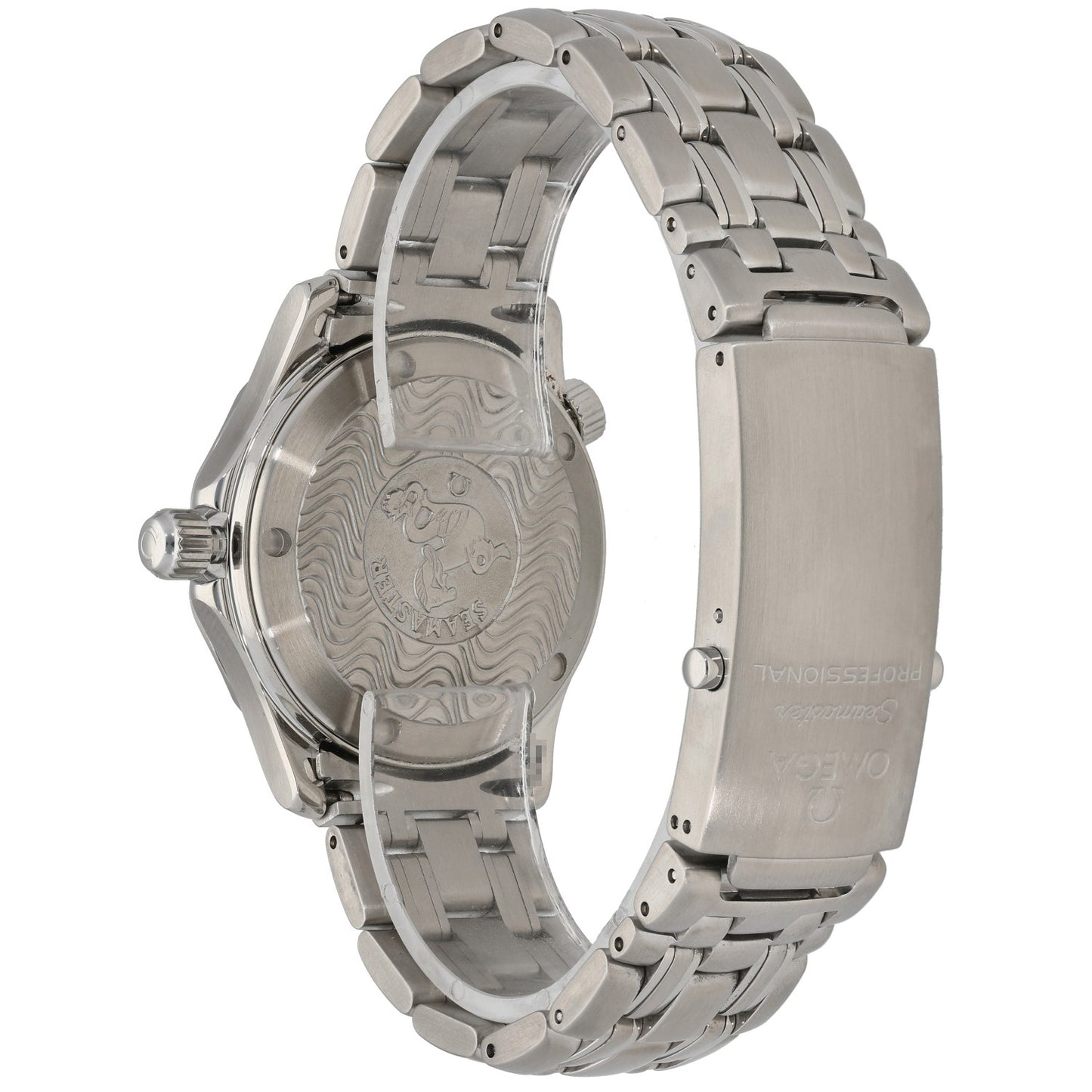 Omega Seamaster 2561.80.00 Stainless steel wristwatch with blue dial and bracelet, Quartz movement rear angle