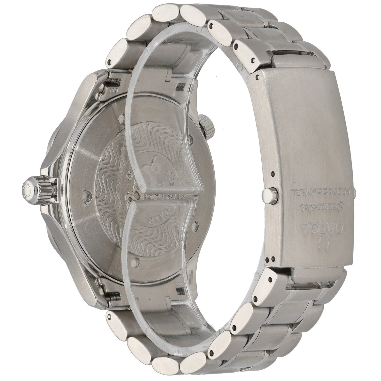 Omega Seamaster 2264.50.00 stainless steel diver watch with black dial, bezel, and metal bracelet, rear image