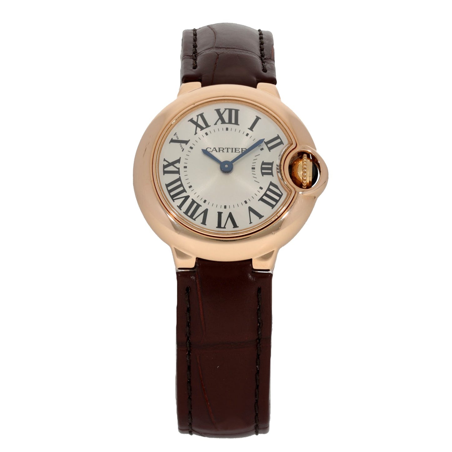 Cartier Ballon Bleu WGBB0007, white dial inside a 28mm gold case on a brown leather bracelet.