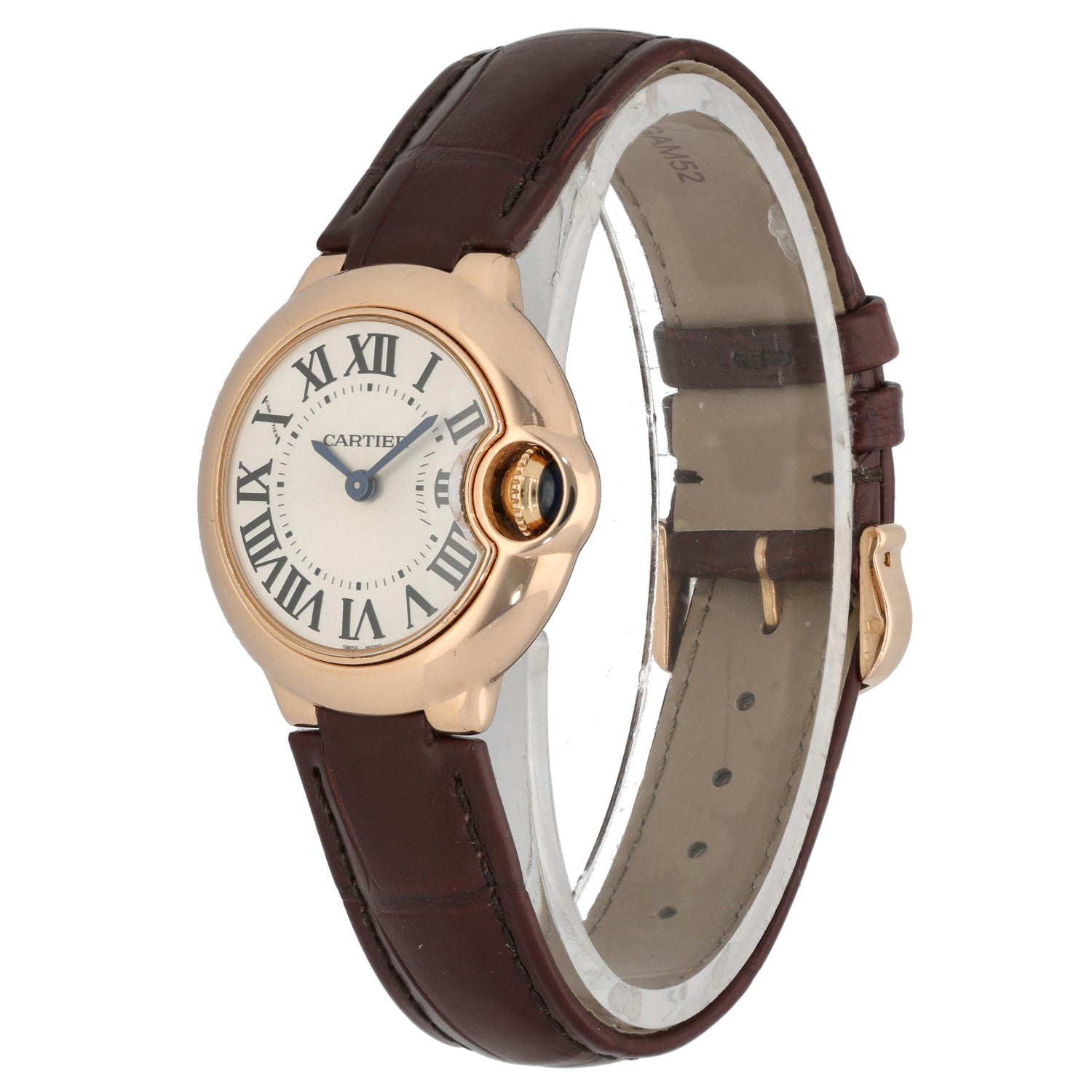 Cartier Ballon Bleu WGBB0007, white dial inside a 28mm gold case on a brown leather bracelet, front angle image
