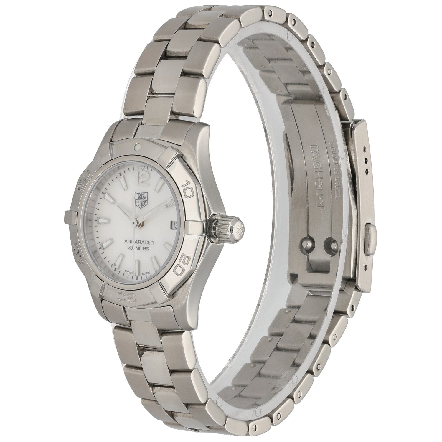 Stainless steel Tag Heuer Aquaracer WAF1414 watch with white dial, metal bracelet, date window, front 3/4 angle
