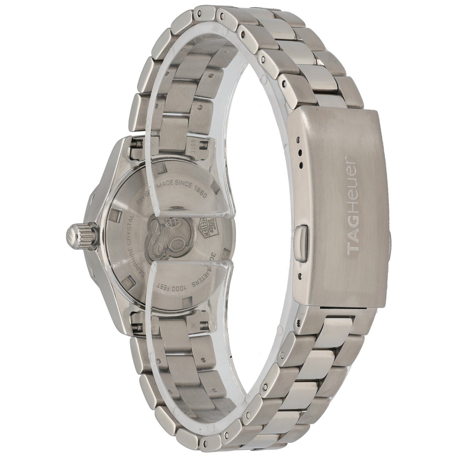 Stainless steel Tag Heuer Aquaracer WAF1414 watch with white dial, metal bracelet, date window, caseback view