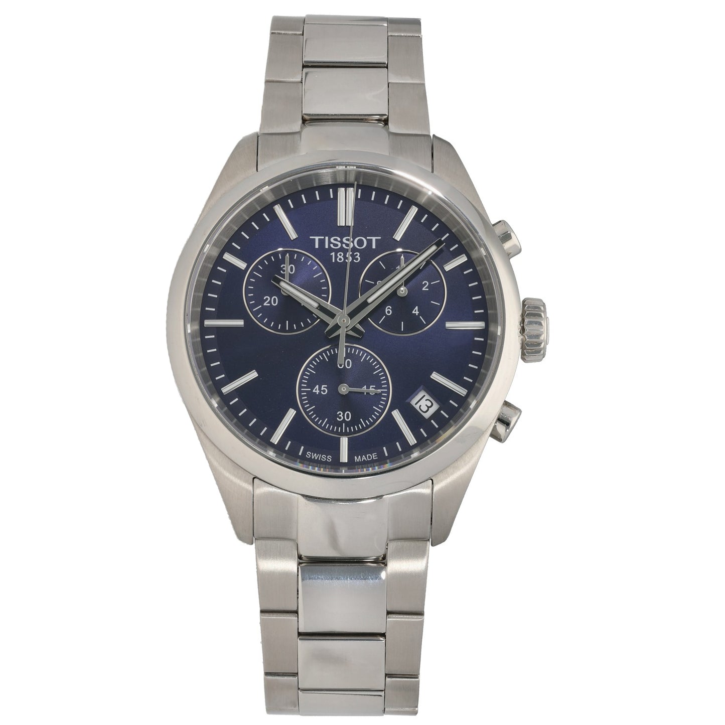 Tissot PR 100 T150417A Stainless steel wristwatch with round blue dial and linked metal bracelet, side view