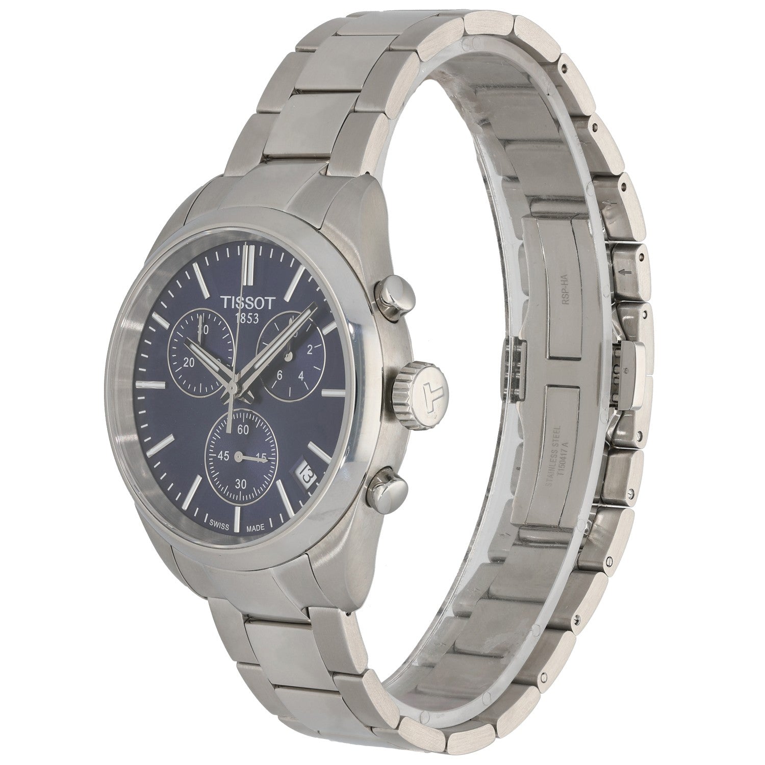 Tissot PR 100 T150417A Stainless steel wristwatch with round blue dial and linked metal bracelet, side view of sub dials