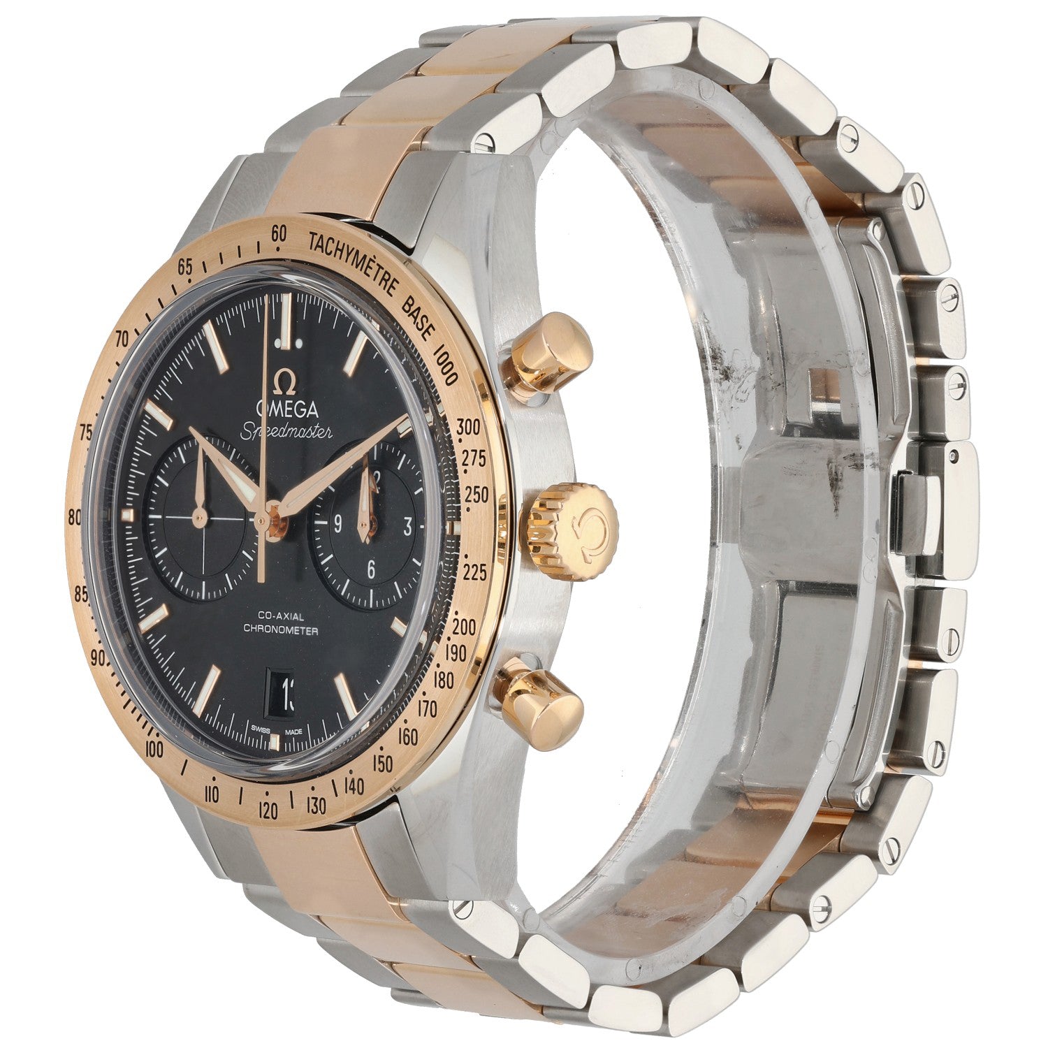 Omega Speedmaster 57 331.20.42.51.01.002 Bi-colour chronograph watch, black dial, steel and rose-gold bracelet, tachymeter bezel