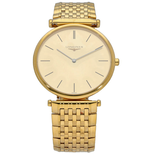 Longines La Grande Classique L4.709.2 Gold-plated stainless steel wristwatch with oval case, champagne dial and linked bracelet