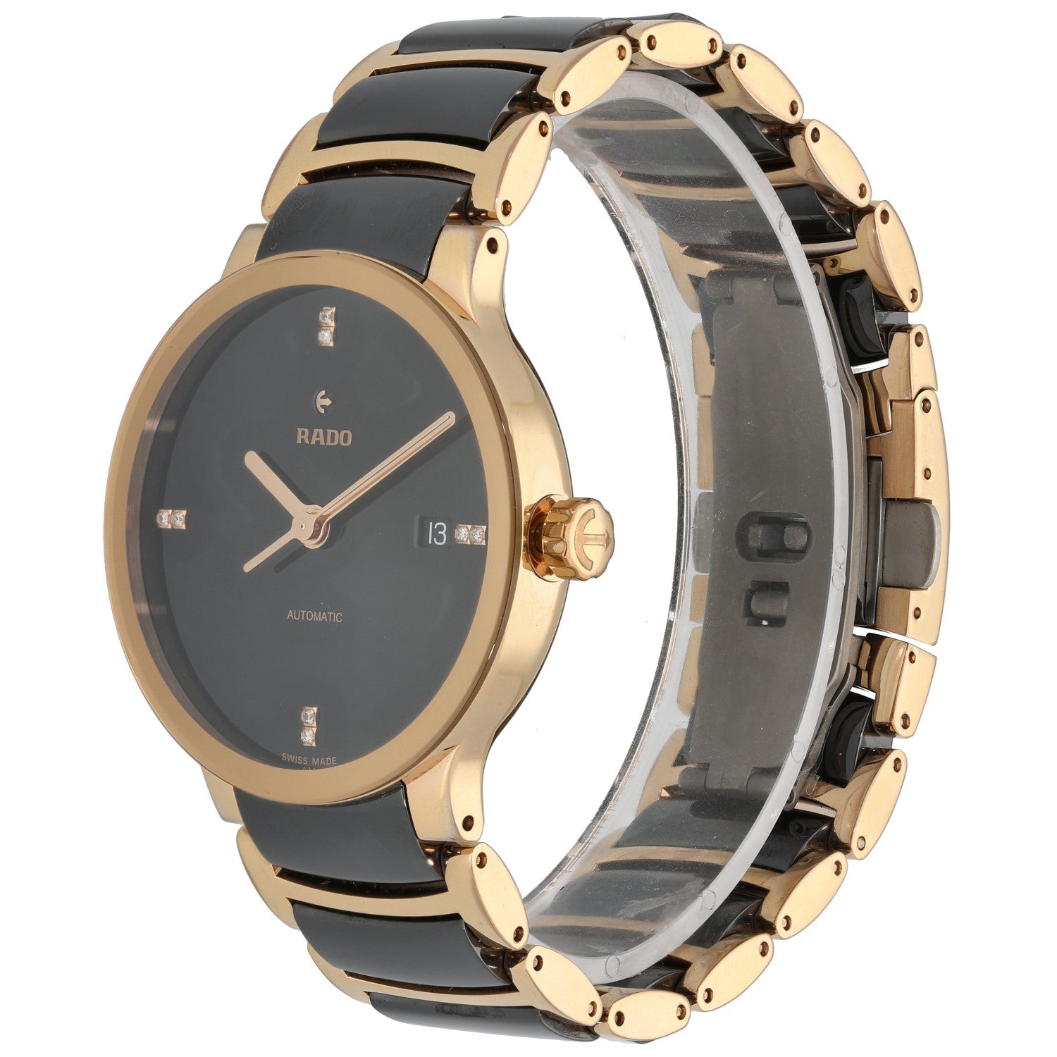 Rado Centrix 763.0036.3 black ceramic wristwatch with gold-tone case and bracelet, black dial, gold hands