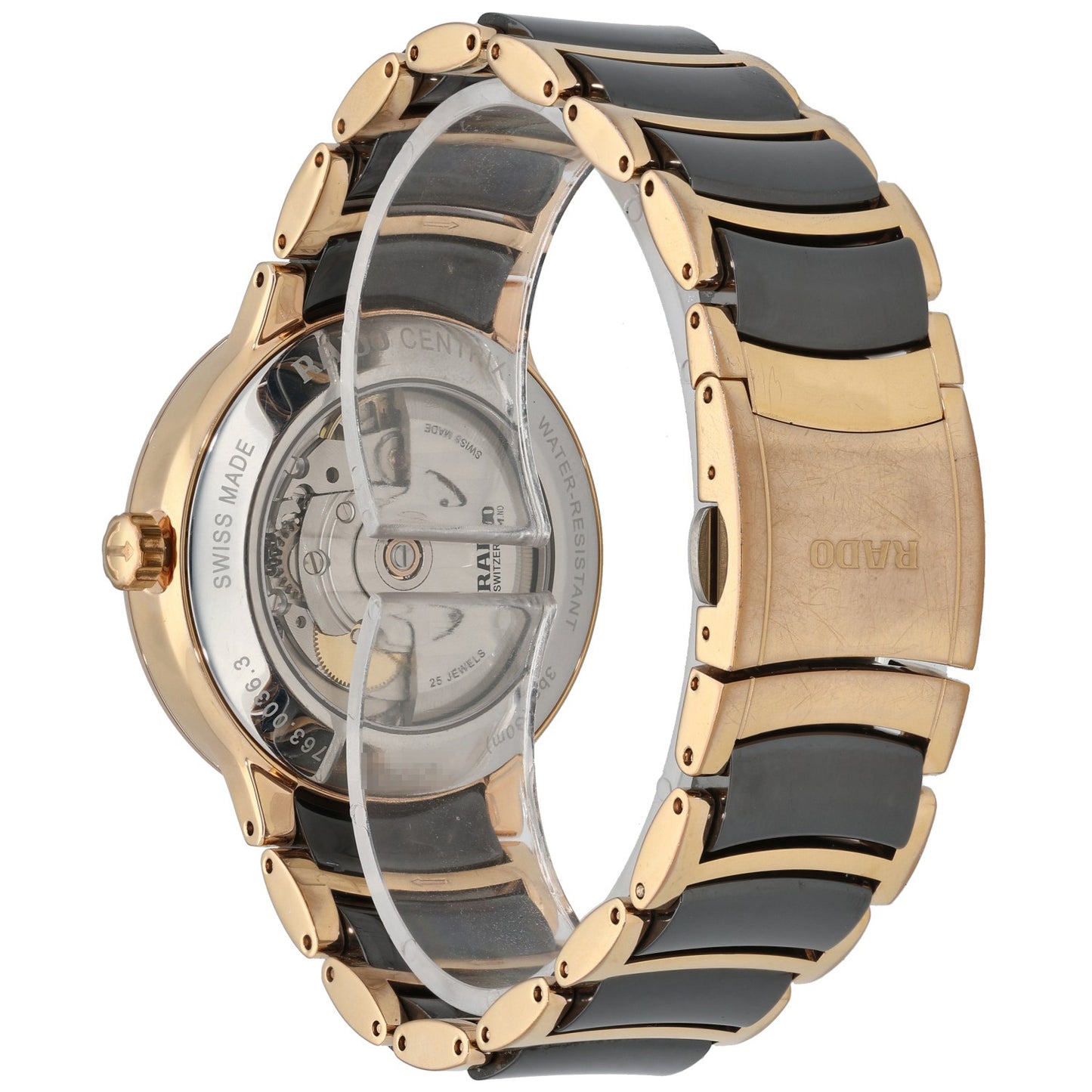 Rado Centrix 763.0036.3 ceramic wristwatch with gold-plated case and bracelet, black dial, gold hands