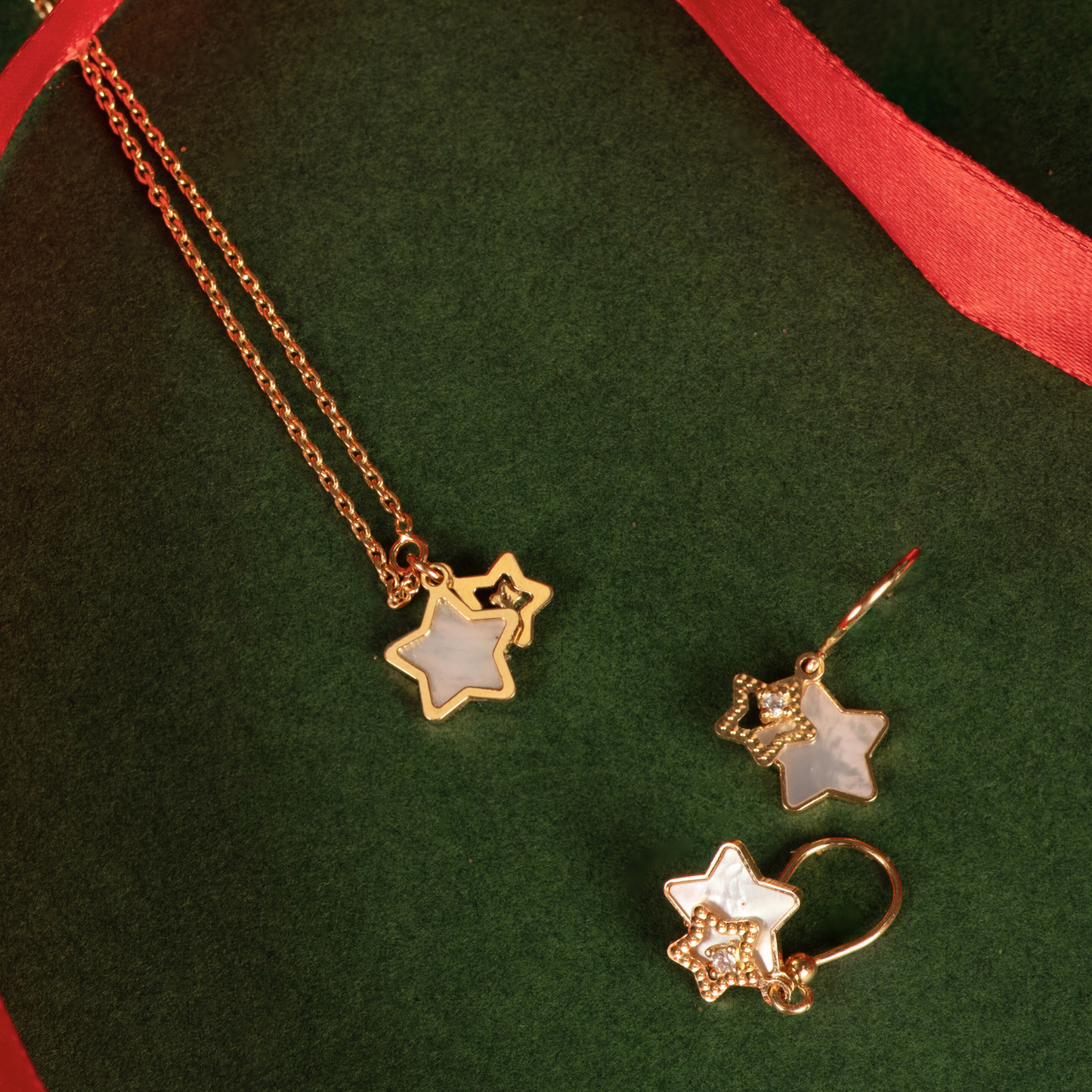 New 9ct Gold Cubic Zirconia & Mother of Pearl Star Drop Earrings