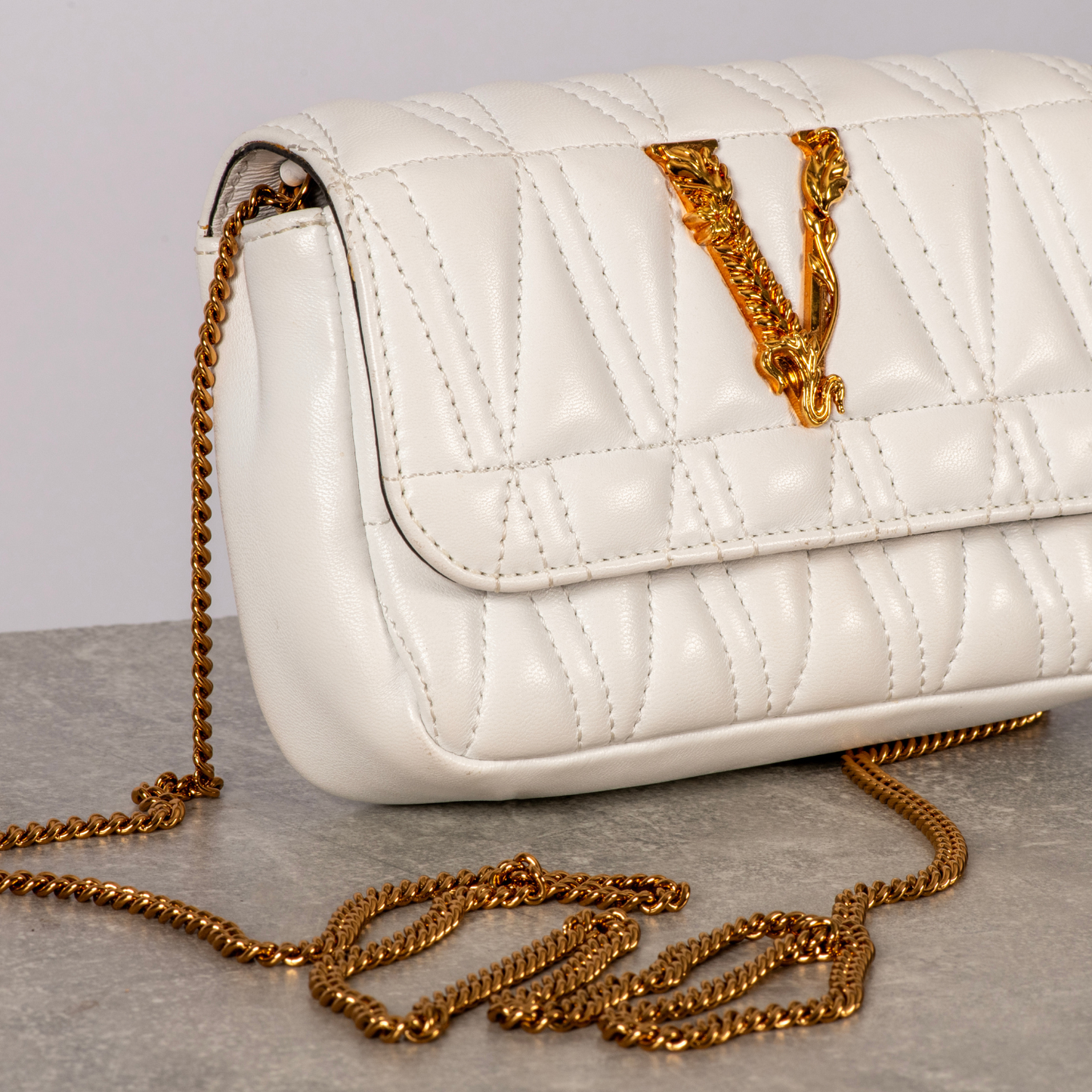 Versace Virtus Mini Wallet Chain Crossbody Leather Bag - White