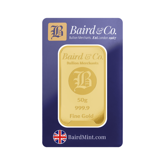 New Baird & Co 24ct 50g Gold Minted Bar