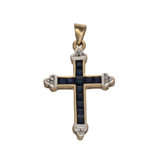 9ct Gold Sapphire & 0.02ct Diamond Cross Pendant