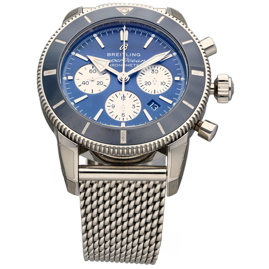 Breitling Superocean Heritage B01 AB0162 Stainless steel chronograph wristwatch with blue dial and mesh bracelet