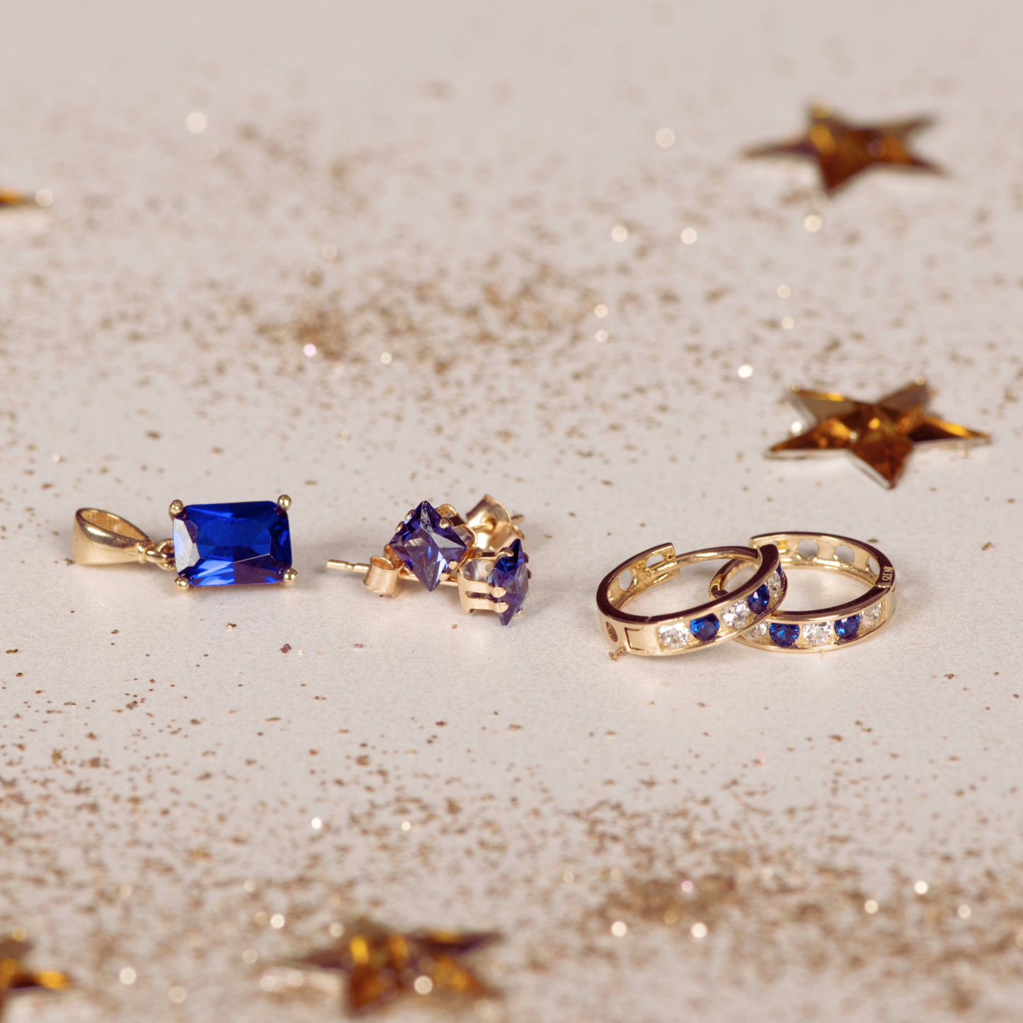 New 9ct Gold Blue Cubic Zirconia Square Stud Earrings