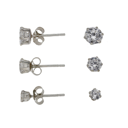 New Sterling Silver Cubic Zirconia Solitaire Earrings Set