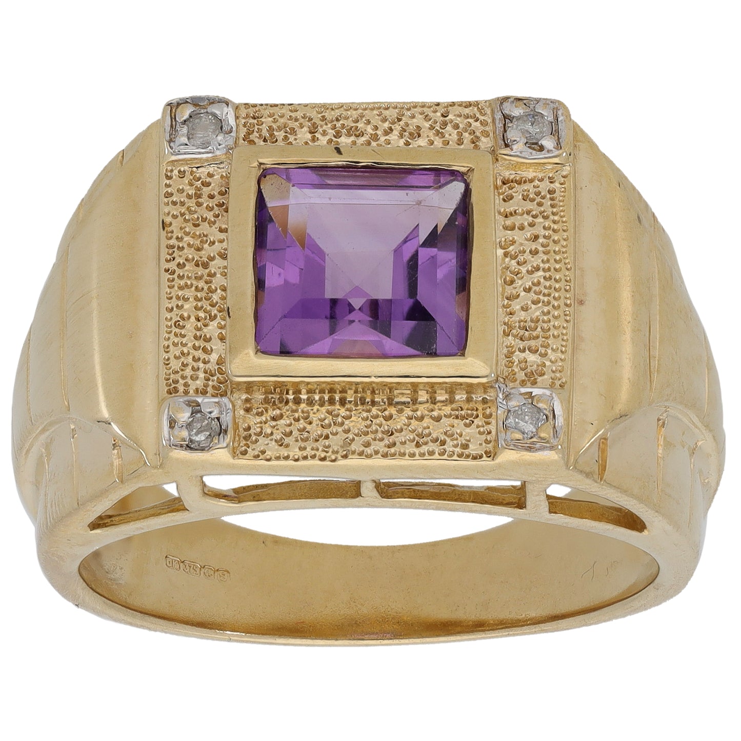 9ct Gold Amethyst & 0.04ct Diamond Patterned Signet Ring Size T