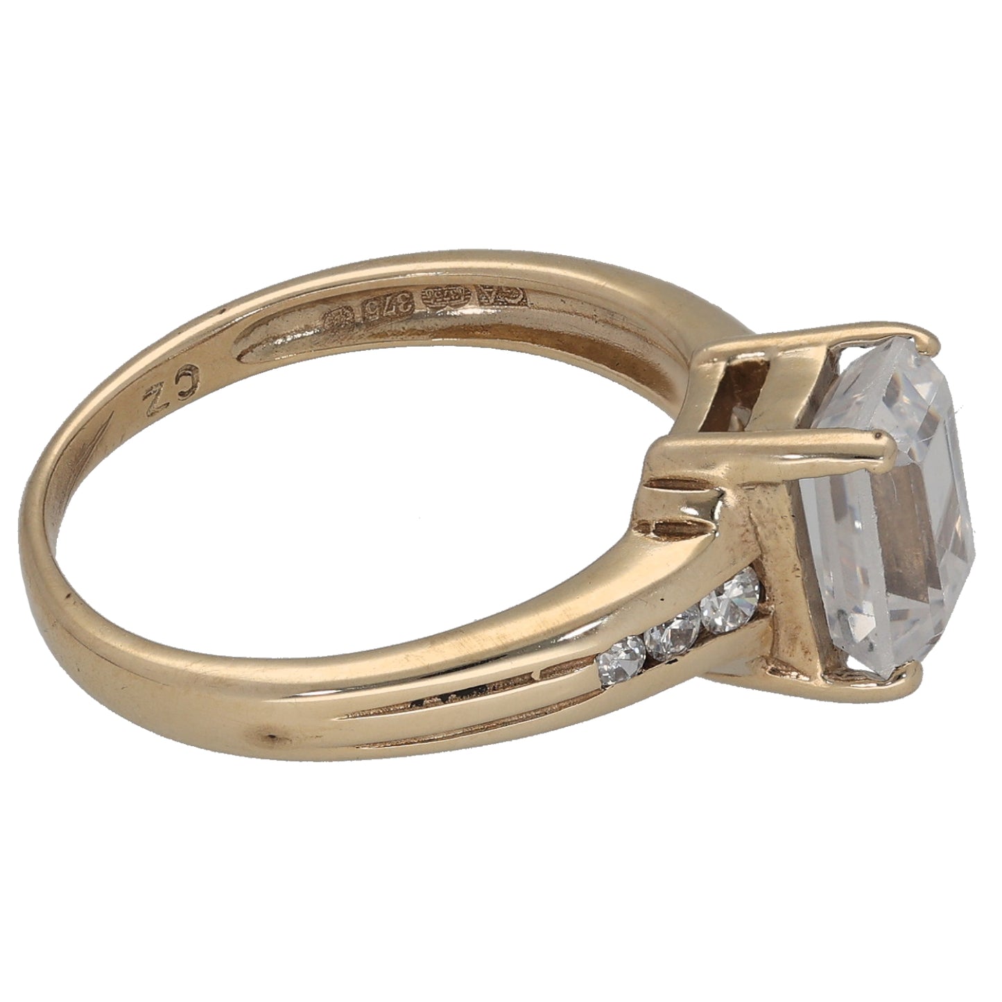 9ct Gold Cubic Zirconia Single Stone Ring with Accent Stones Size N