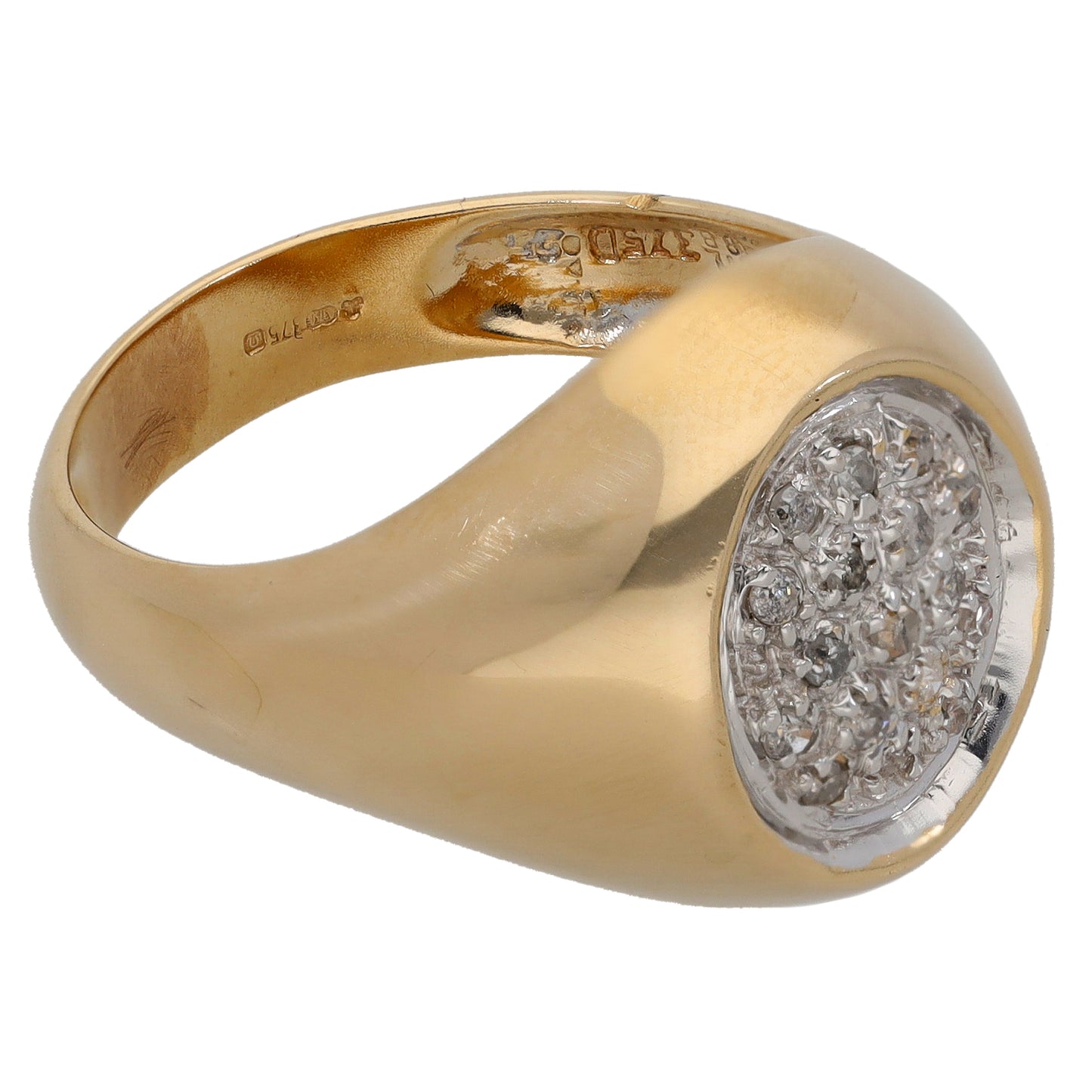Bicolour gold oval signet ring with diamond crest emblem, side view