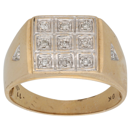 9ct Gold 0.11ct Diamond Patterned Signet Ring Size U