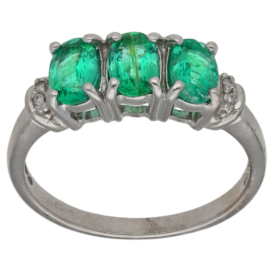 18ct White Gold Emerald & 0.02ct Diamond Dress/Cocktail Ring Size N