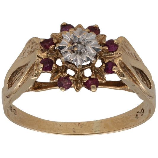 9ct Gold Ruby & 0.01ct Diamond Dress/Cocktail Ring Size V