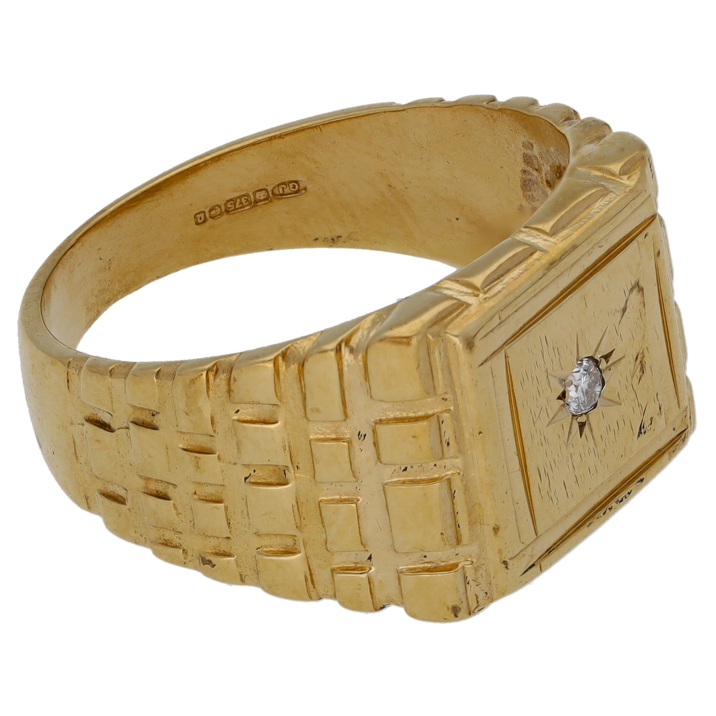 9ct Gold Cubic Zirconia Single Stone Patterned Signet Ring Size V