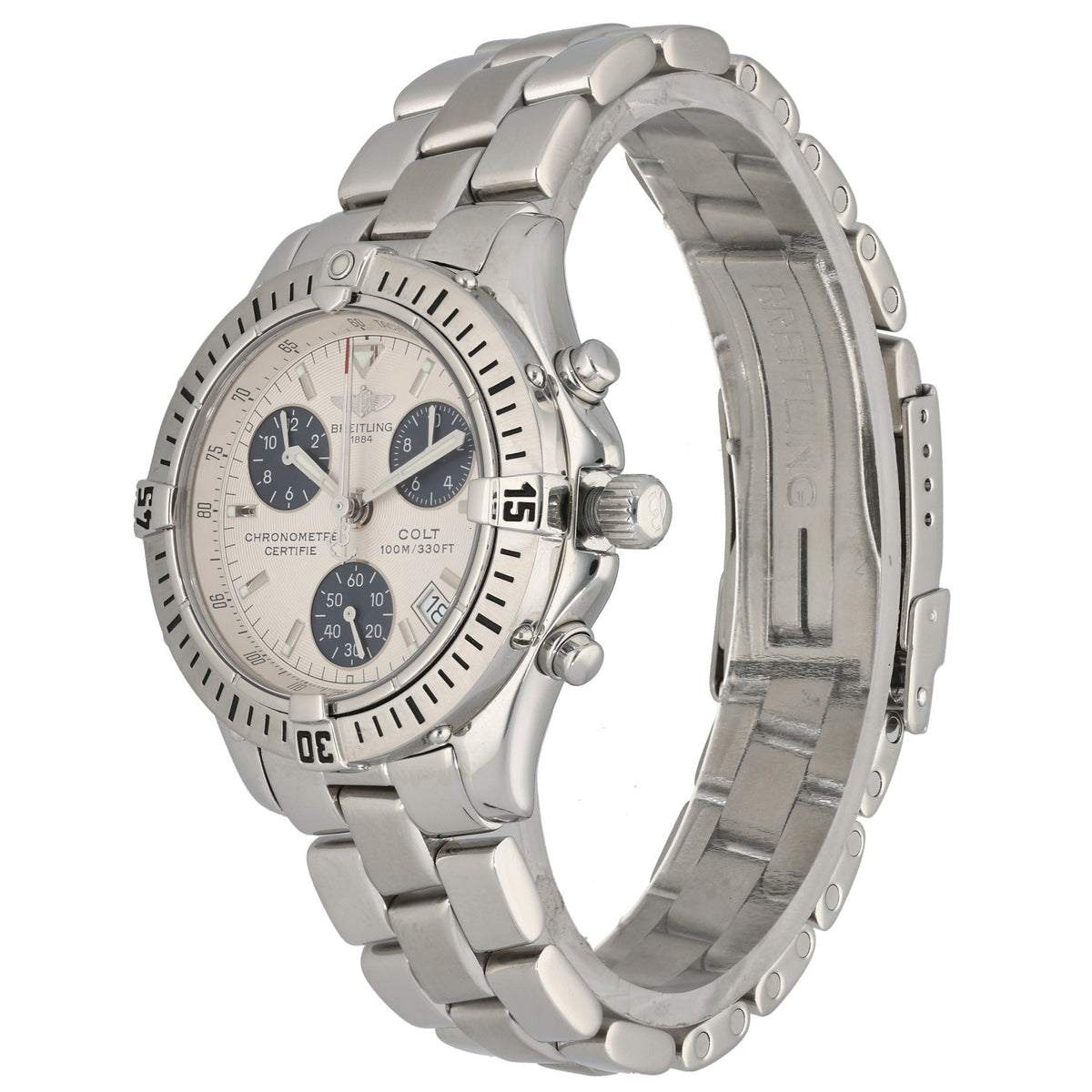 Breitling Colt A73350 Stainless steel chronograph watch case and bracelet, side profile with pushers