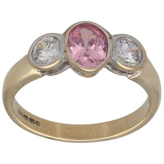 9ct yellow gold three-stone CZ ring with pink oval and two clear round stones