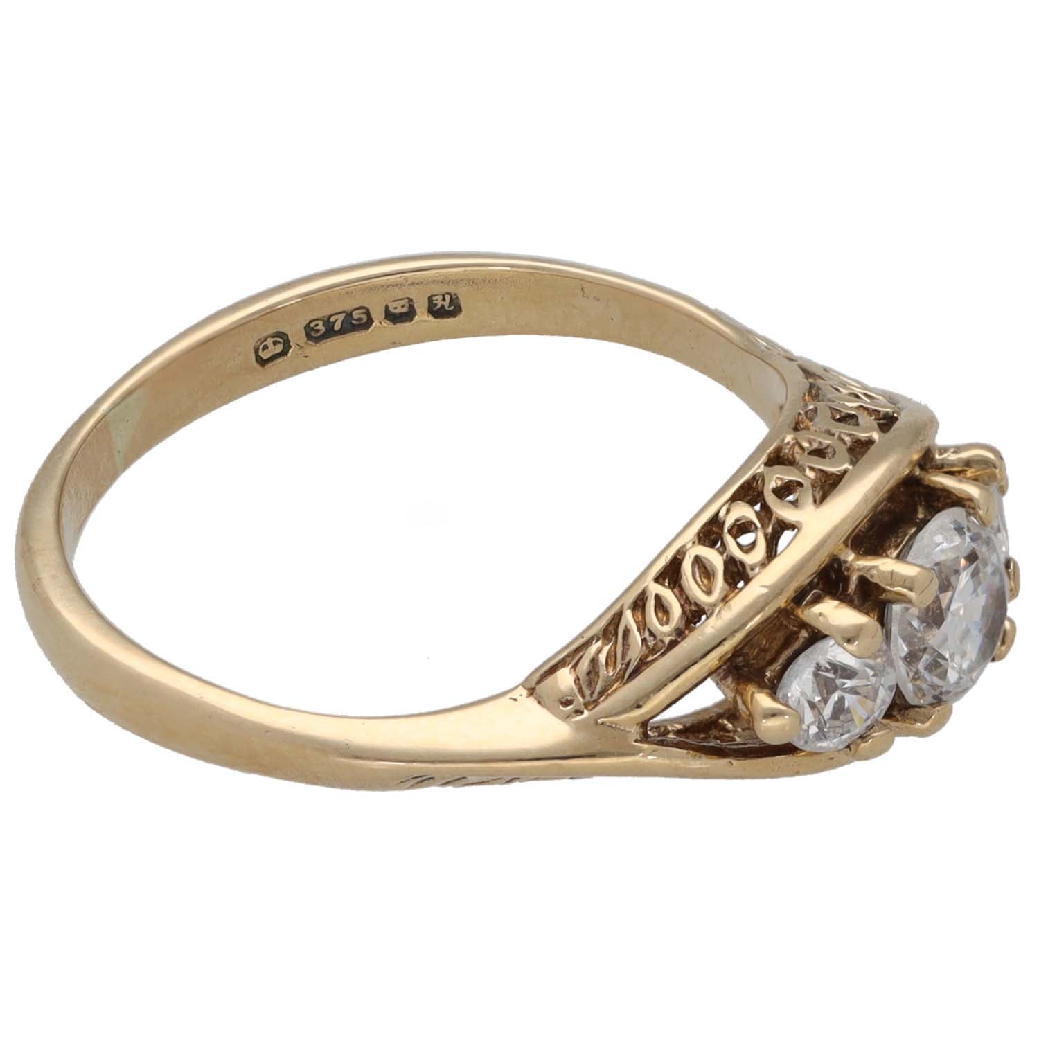 9ct gold CZ three-stone ring, size K, engraved band with three stone settings