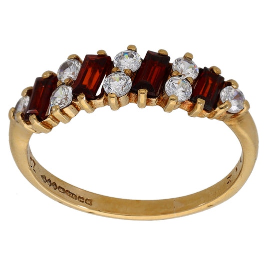 9ct gold ring with red garnet marquise and clear CZ stones on slim band