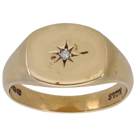 9ct Gold 0.03ct Diamond Patterned Signet Ring Size W