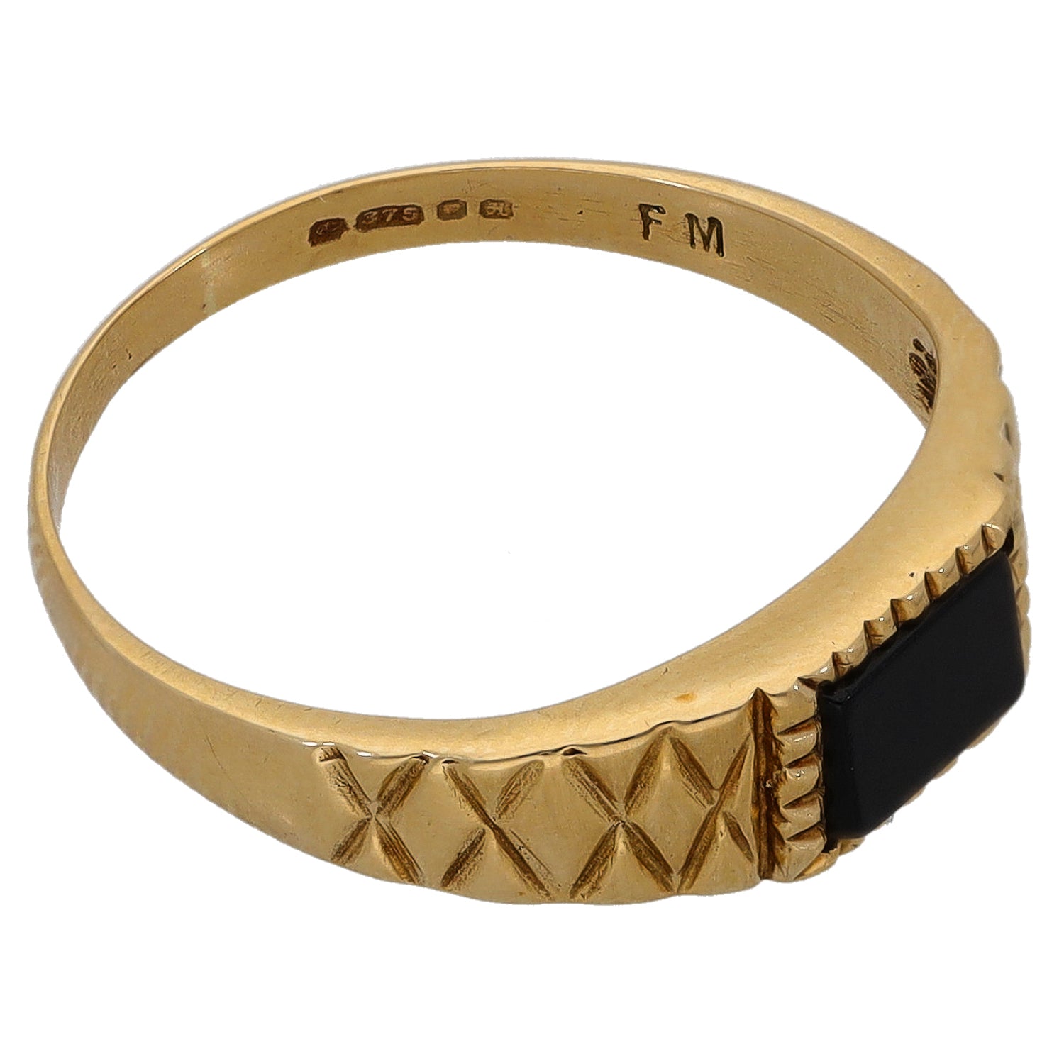 Gold-tone signet ring with black stone set in patterned band; inside hallmarks