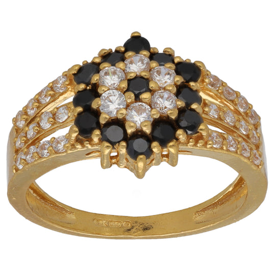 Gold-tone cocktail ring with black and clear rhinestone cluster, size P