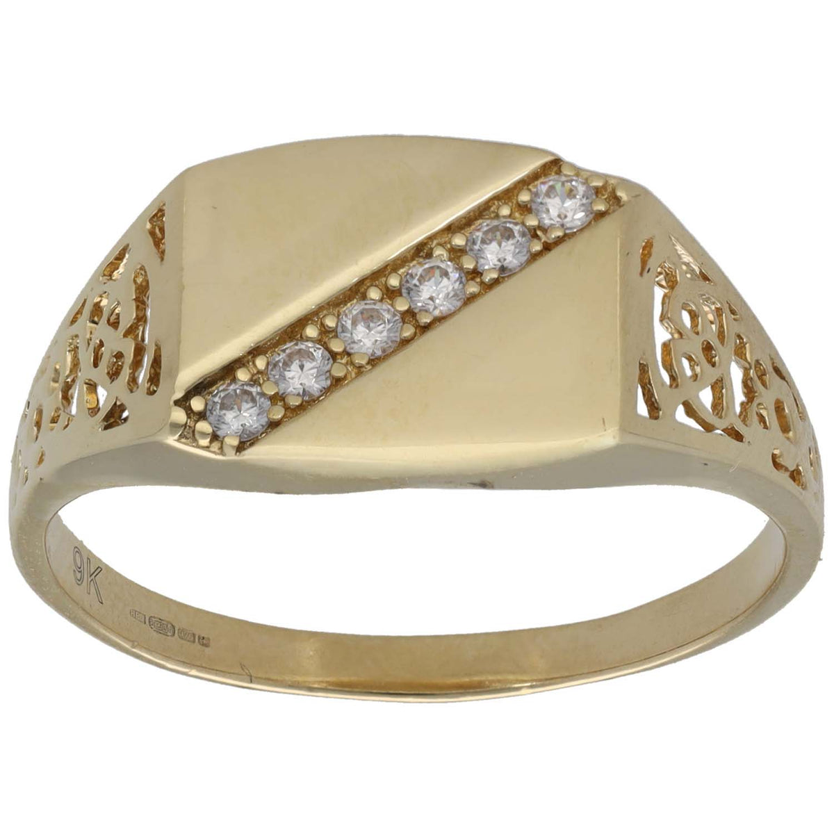 Gold signet ring with CZ inlay across the face and cutout lattice sides