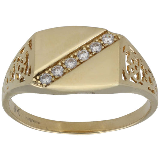 Gold signet ring with CZ inlay across the face and cutout lattice sides