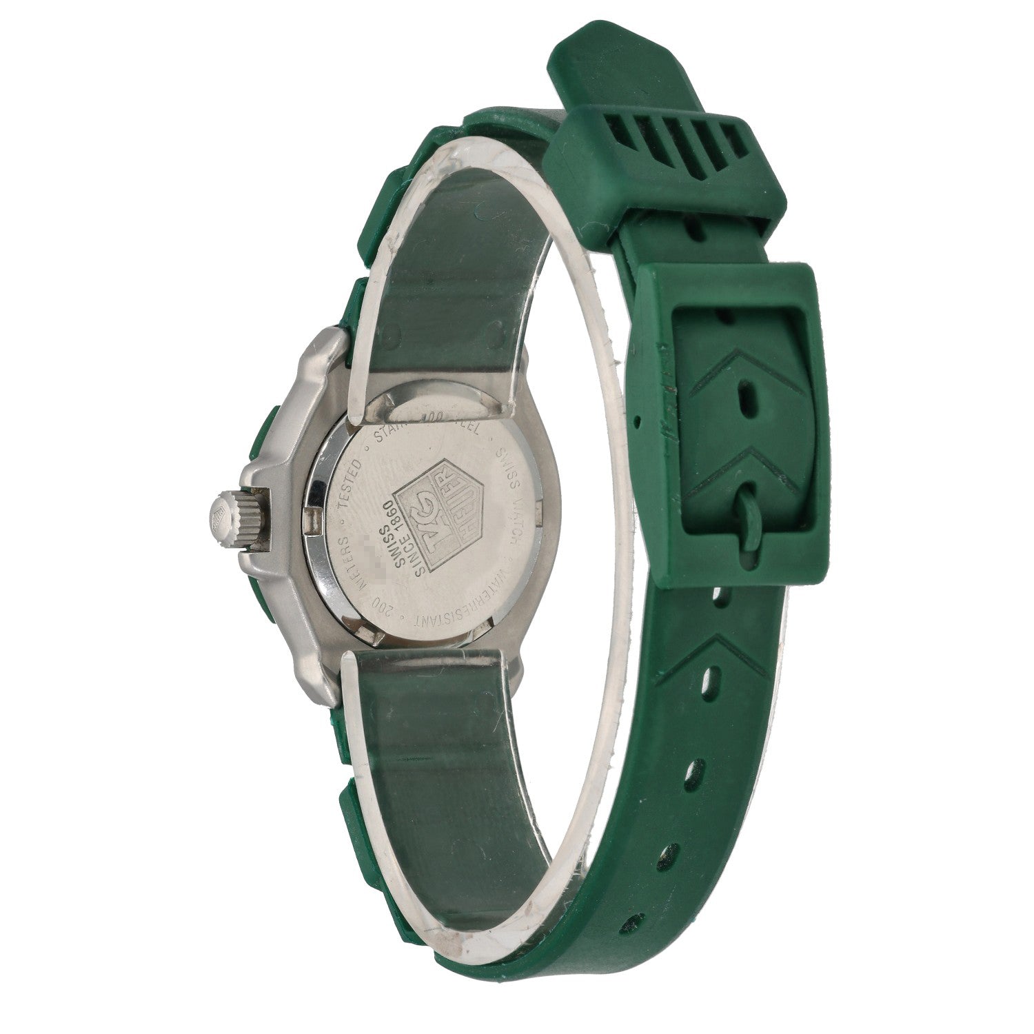 Tag Heuer Formula 1 WA1412, with a dark green rubber bracelet, rear facing image.