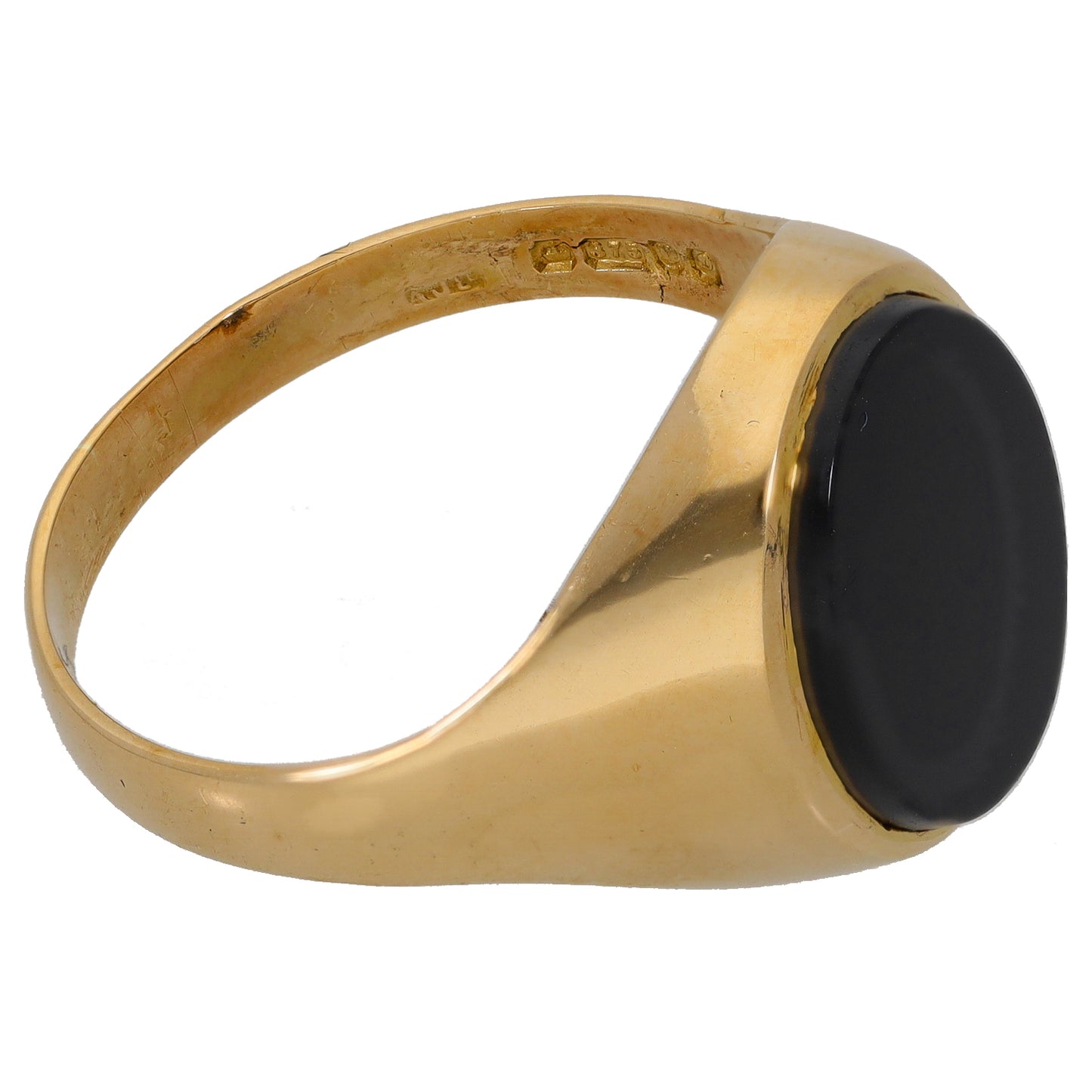 9ct gold signet ring with dark onyx oval face, polished band